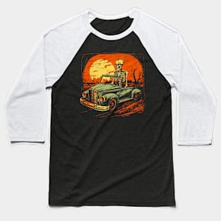 Vintage Vagabond: Skeleton & Classic Car Vintage Grunge Graphic Tee Baseball T-Shirt